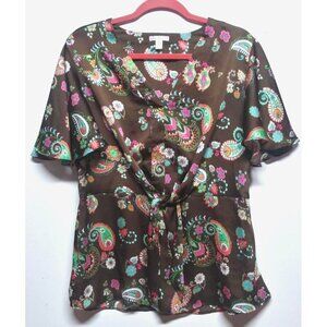Cato top blouse Paisley brown blue pink Sz L Flowy flutter Sleeve Front ties EUC